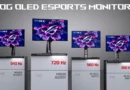 Monitores OLED para esports de ASUS ROG, con tasas de refresco de 360 Hz a 720 Hz, presentados en un entorno moderno.