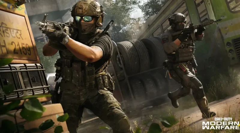 Dos soldados en uniforme táctico de Call of Duty: Modern Warfare, armados y en posición de combate en un entorno urbano.