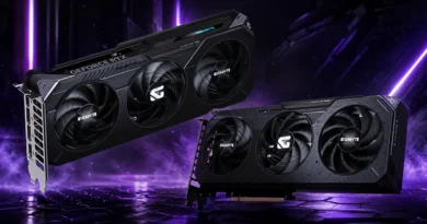 Tarjetas gráficas Gigabyte GeForce RTX destacadas sobre un fondo oscuro con luces moradas, mostrando diseño y rendimiento.