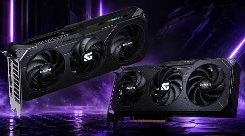 Tarjetas gráficas Gigabyte GeForce RTX destacadas sobre un fondo oscuro con luces moradas, mostrando diseño y rendimiento.