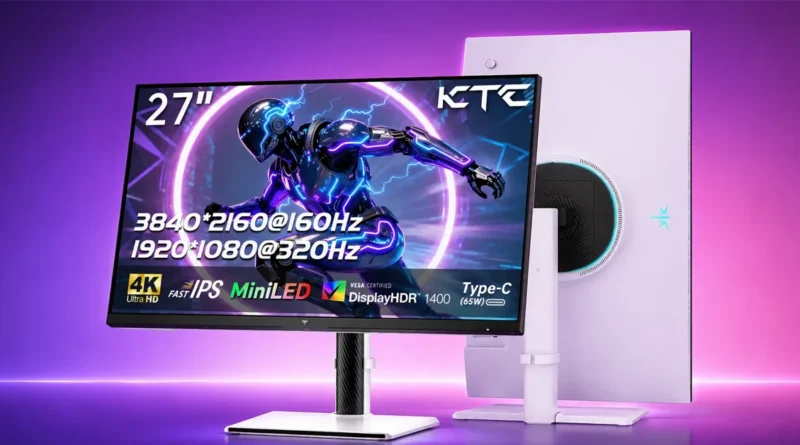 Monitor KTC de 27" con resolución 4K, destacando características de rendimiento y tecnología MiniLED.