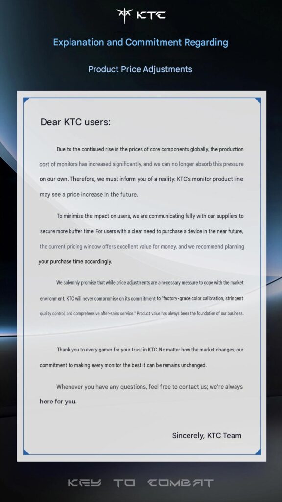 KTC informa sobre ajustes de precios de monitores debido al aumento de costos en componentes de hardware.