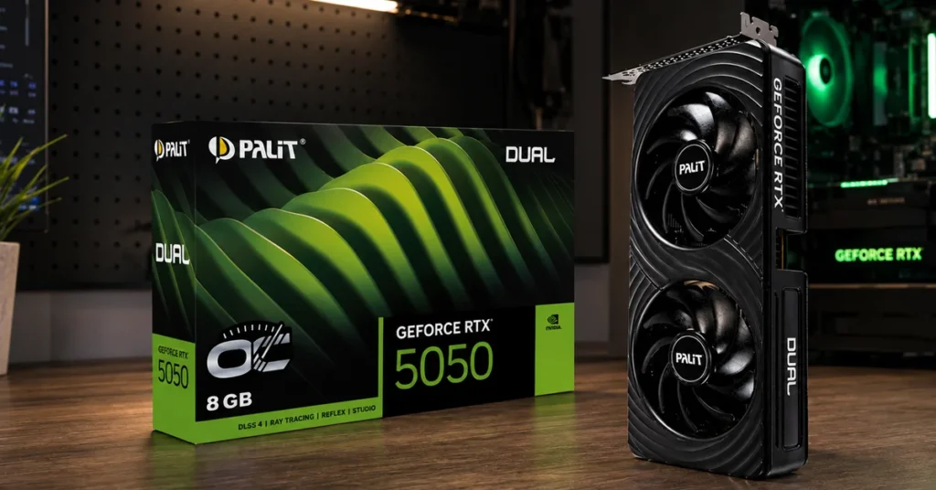 PALIT GeForce RTX 5050 Dual con 8 GB de memoria, junto a su caja destacando tecnología de trazado de rayos.