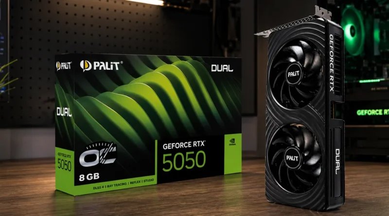 PALIT GeForce RTX 5050 Dual con 8 GB de memoria, junto a su caja destacando tecnología de trazado de rayos.