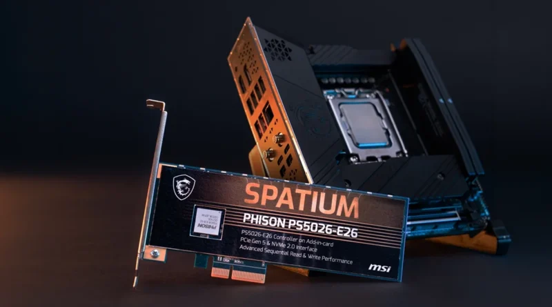 SPATIUM PHISON PS5026-E26, un controlador de almacenamiento avanzado con rendimiento mejorado, frente a una placa base de MSI.