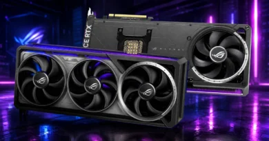 GeForce RTX 5090 de ASUS, destacando su diseño robusto y ventiladores potentes en un fondo de iluminación futurista.