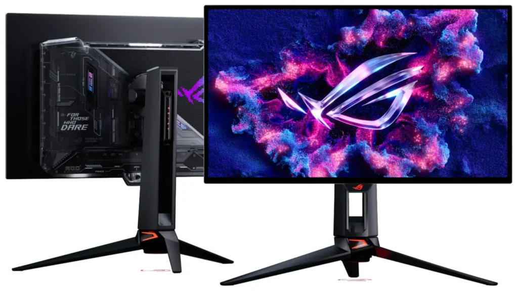 Monitor para gaming ROG con diseño futurista y logo en pantalla, ideal para juegos y rendimiento gráfico.