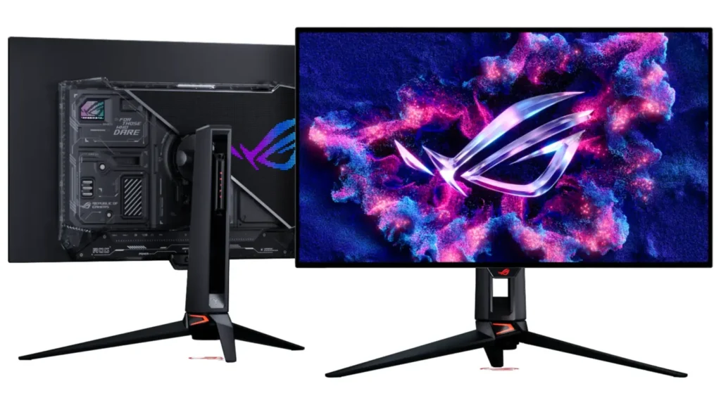 Monitor para gaming ASUS ROG con diseño atractivo y vibrante, mostrando un logo iluminado en un fondo colorido.
