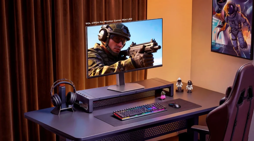 Monitor gamer Mini LED TCL P2A Pro en un escritorio con auriculares, teclado y decoración, ideal para juegos intensos.