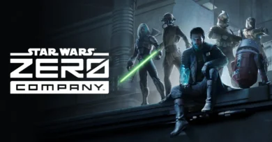 Personajes de "Star Wars: Zero Company" en un entorno futurista, con un protagonista que sostiene un objeto brillante.