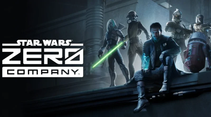 Personajes de "Star Wars: Zero Company" en un entorno futurista, con un protagonista que sostiene un objeto brillante.
