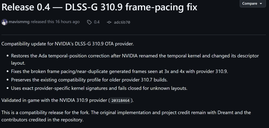 Compatibilidad para el proveedor OTA de NVIDIA DLSS-G 310.9, que corrige problemas de sincronización y configuración en GPUs.