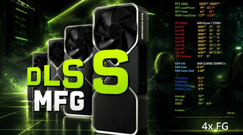 DLSS Multi Frame en GeForce RTX 40, mostrando especificaciones de hardware y rendimiento en gaming y benchmarking.