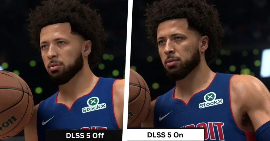Comparativa de gráficos en videojuego, mostrando DLSS 5 desactivado a la izquierda y activado a la derecha.