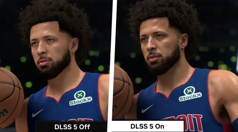 Comparativa de gráficos en videojuego, mostrando DLSS 5 desactivado a la izquierda y activado a la derecha.