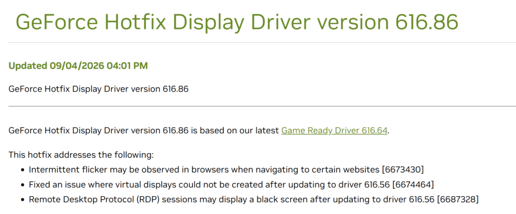 Controlador de pantalla Hotfix de GeForce versión 616.86, con correcciones para problemas de parpadeo y conexión RDP.