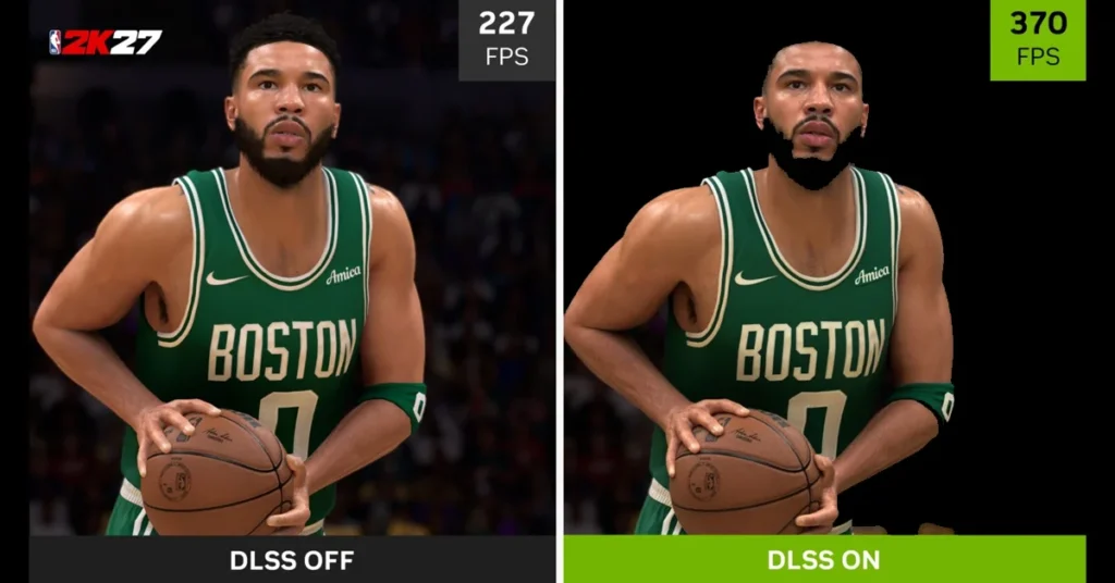 Jugador de baloncesto en NBA 2K7, mostrando FPS con DLSS desactivado y activado, resaltando la mejora gráfica.