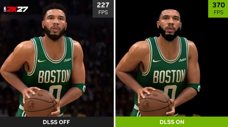 Jugador de baloncesto en NBA 2K7, mostrando FPS con DLSS desactivado y activado, resaltando la mejora gráfica.