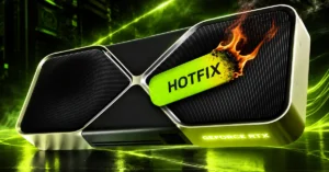 Tarjeta gráfica GeForce RTX con etiqueta "HOTFIX" sobre fondo verde, destacando la actualización de NVIDIA.