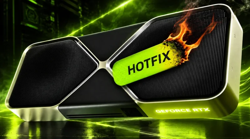 Tarjeta gráfica GeForce RTX con etiqueta "HOTFIX" sobre fondo verde, destacando la actualización de NVIDIA.