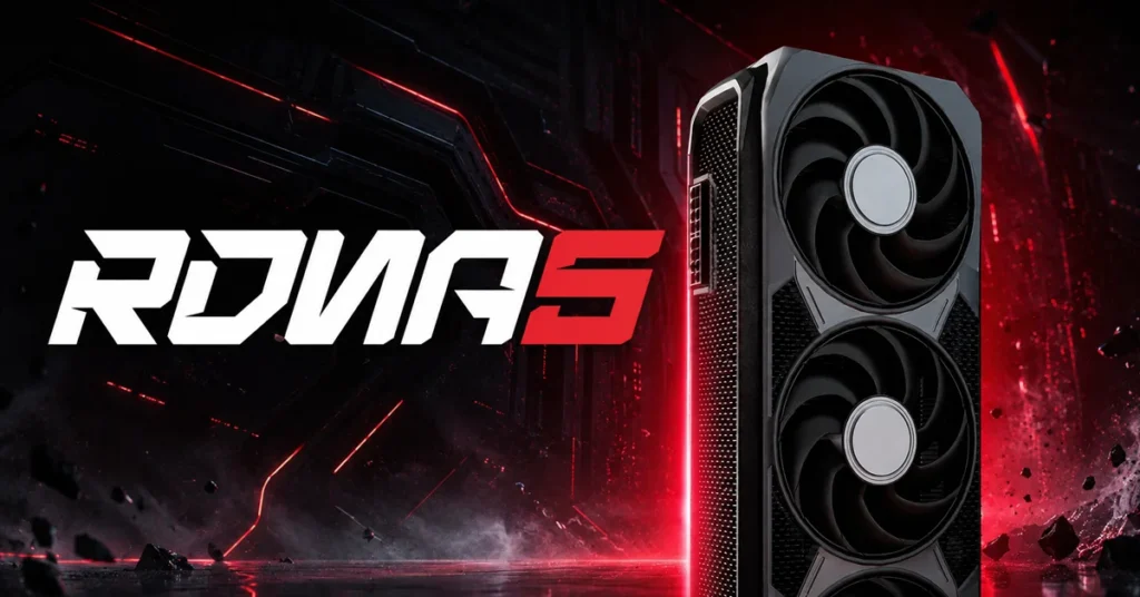 Tarjeta gráfica RDNA 5 de AMD con diseño moderno y ventiladores, fondo oscuro con luces rojas.