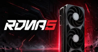 Tarjeta gráfica RDNA 5 de AMD con diseño moderno y ventiladores, fondo oscuro con luces rojas.