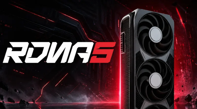 Tarjeta gráfica RDNA 5 de AMD con diseño moderno y ventiladores, fondo oscuro con luces rojas.
