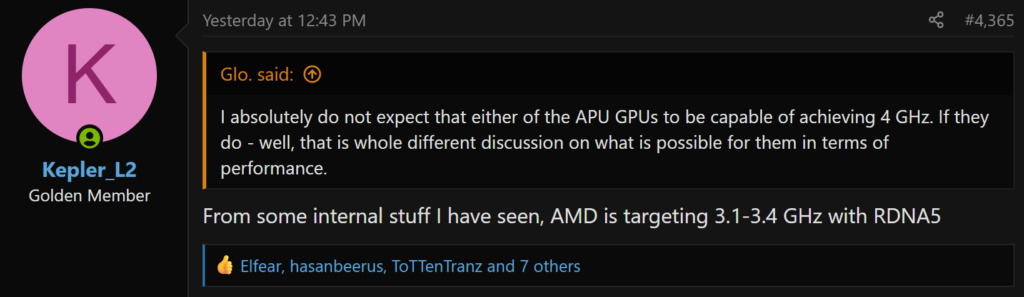 Comentario de usuario sobre el rendimiento de las GPUs APU de AMD, mencionando frecuencias de 3.1-3.4 GHz con RDNA5.