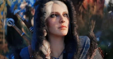 Personaje femenino de The Witcher 4, con capucha, en un entorno natural detallado. Gráficos mejorados por CDPR y Epic.