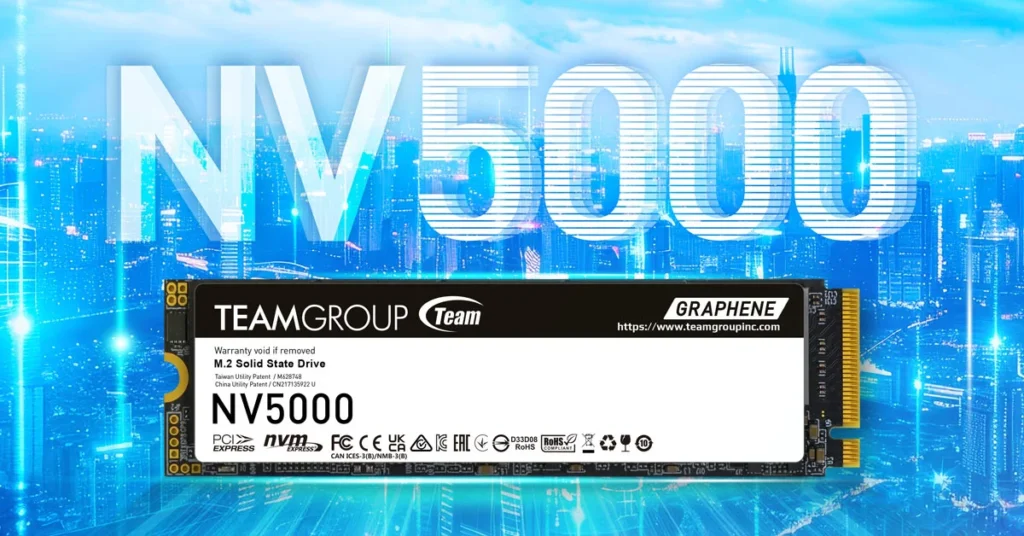 NV5000 de TeamGroup, SSD de 1TB con tecnología de grafeno, sobre fondo urbano tecnológico.