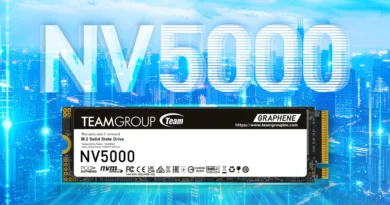 NV5000 de TeamGroup, SSD de 1TB con tecnología de grafeno, sobre fondo urbano tecnológico.