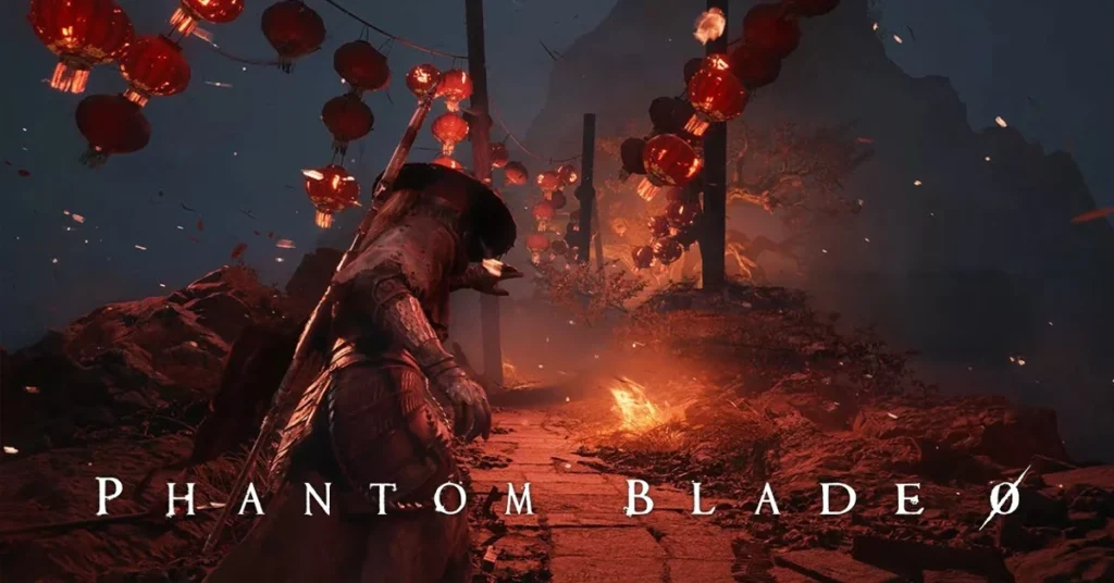 Phantom Blade Zero en un entorno oscurecido con linternas rojas, destacando un guerrero en la senda iluminada.