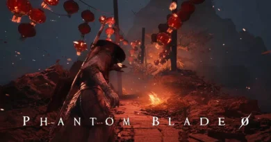 Phantom Blade Zero en un entorno oscurecido con linternas rojas, destacando un guerrero en la senda iluminada.