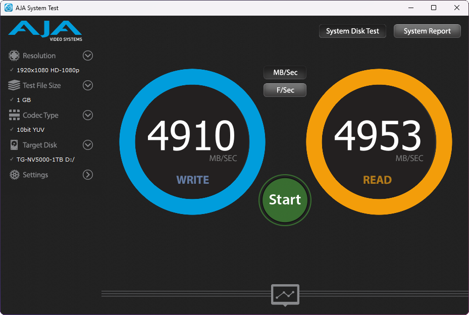 Resultados de la prueba AJA System Test mostrando velocidades de escritura y lectura de 4910 MB/sec y 4953 MB/sec en un disco SSD.